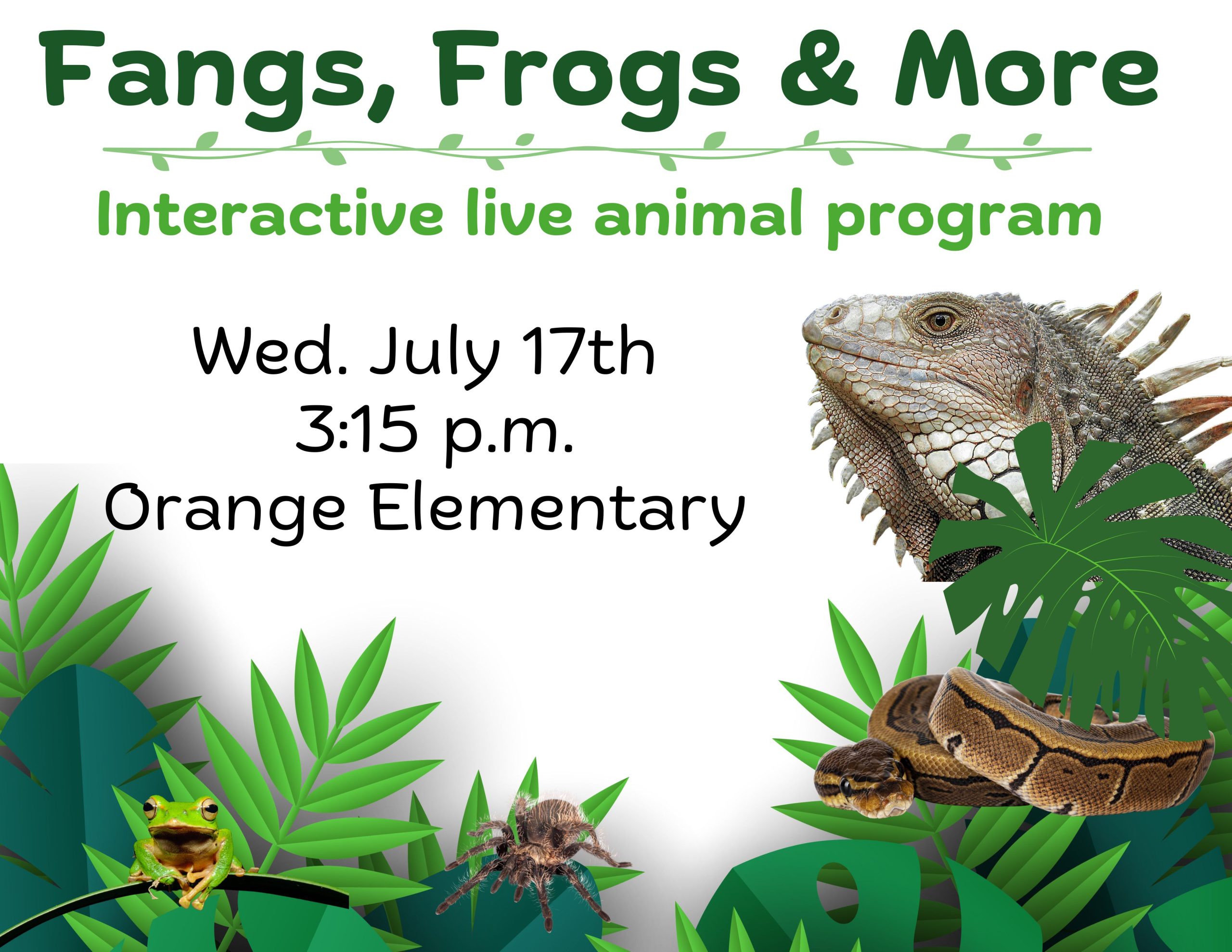 Fangs, Frogs & More. Interactive Live Animal Program. Wed. July 17th 3:15 p.m. Orange Elementary
