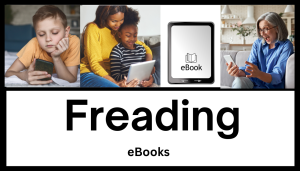 Button Link to Freading labeled Freading eBooks with images of people reading on phone, computer and tablet and an image of a ebook on a tablet screen