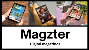 Button link to launch Magzter app for magazines with images of magazines being read on on phones and tablets
