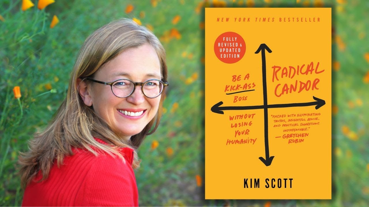 Image of author Kim Scott next to an image of the cover of her book Radical Candor