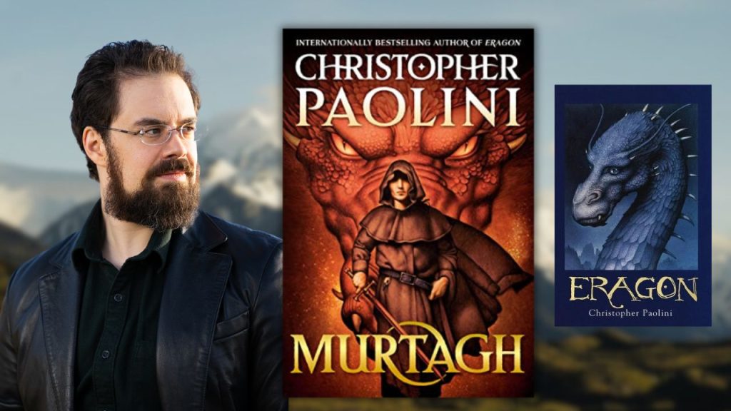 Image of author Christopher Paolini and the covers of two of his books, Murtagh and Eragon