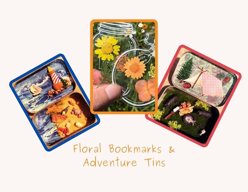 Floral Bookmarks & Adventure Tins: Images of completed adventure tins and floral bookmark.