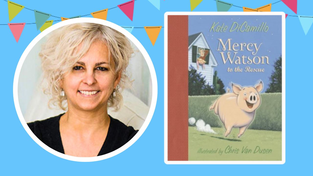 Image of author Kate DiCamillo and the cover of her book "Mercy Watson to the Rescue"