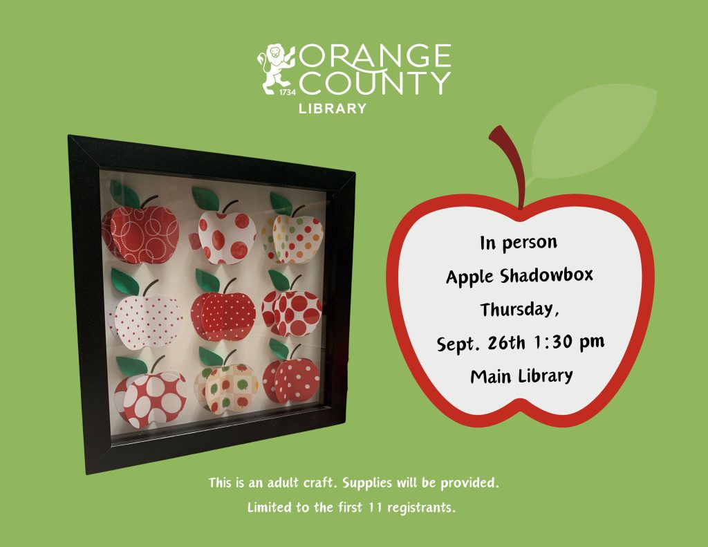 Image of completed craft project. In person Apple Shadowbox Thursday, Sept. 26th 1:30 pm Main Library