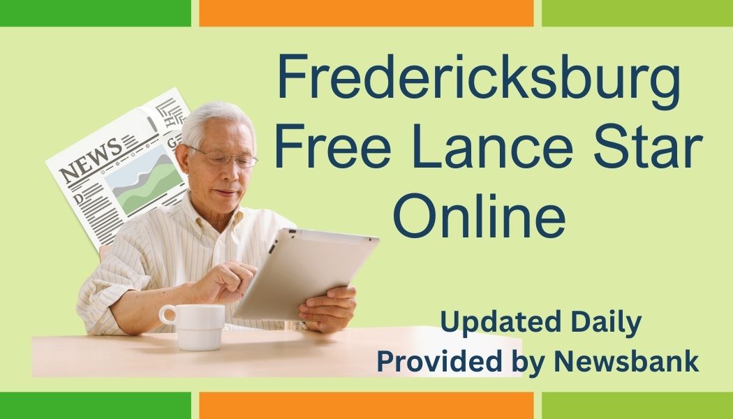Fredericksburg Free Lance Star Online. Updated daily. Provided by Newsbank. Image of a man reading on a laptop with an image of a newspaper headline behind him. Button link to launch database.