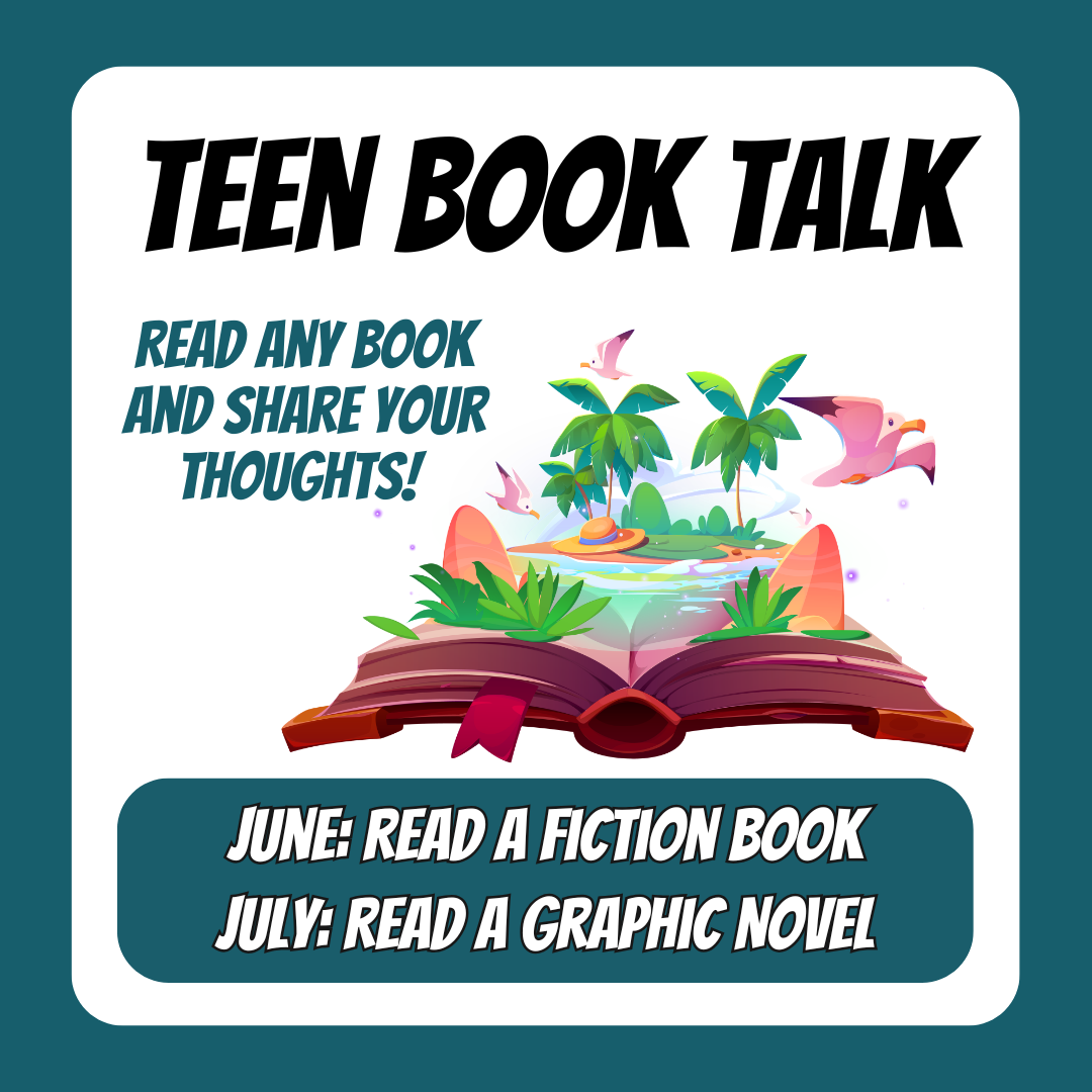 An open book displays a prehistoric dinosaur scene. Text advertises the Teen Book Talk events